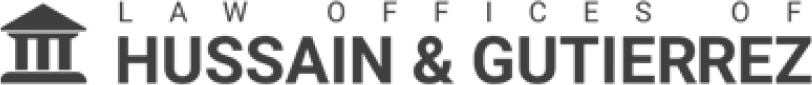 Grayscale Law Offices of Hussain & Gutierrez logo with courthouse icon, used by Legal Lead Pros to feature a workers compensation and injury law firm client.